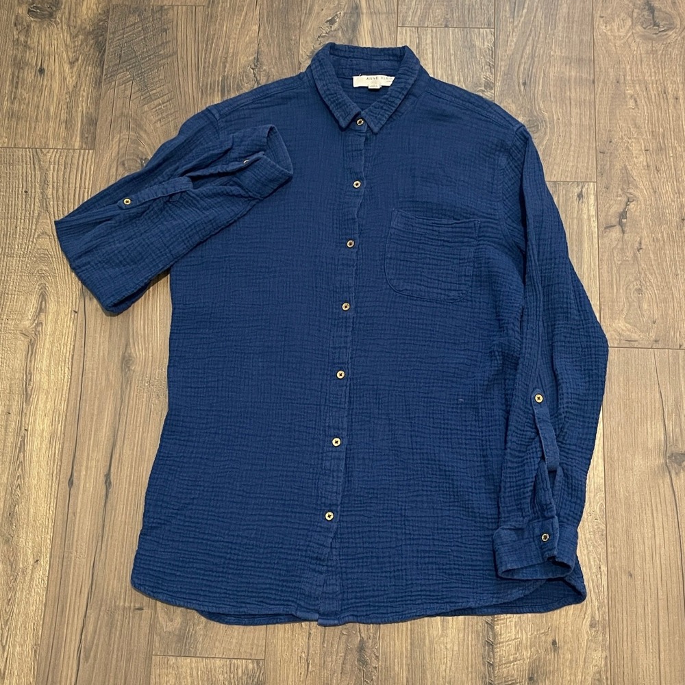 Anne Klein Jeans Lucille Navy Blue Cotton Double Gauze Roll Tab Shirt Small